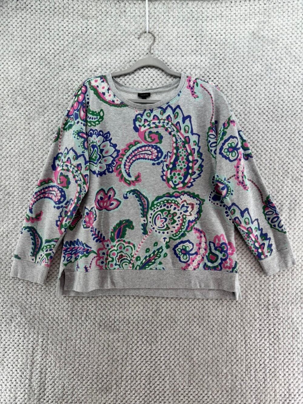 Talbots Sweater Womens L Gray Paisley Terry Sweatshirt Round Neck Pullover